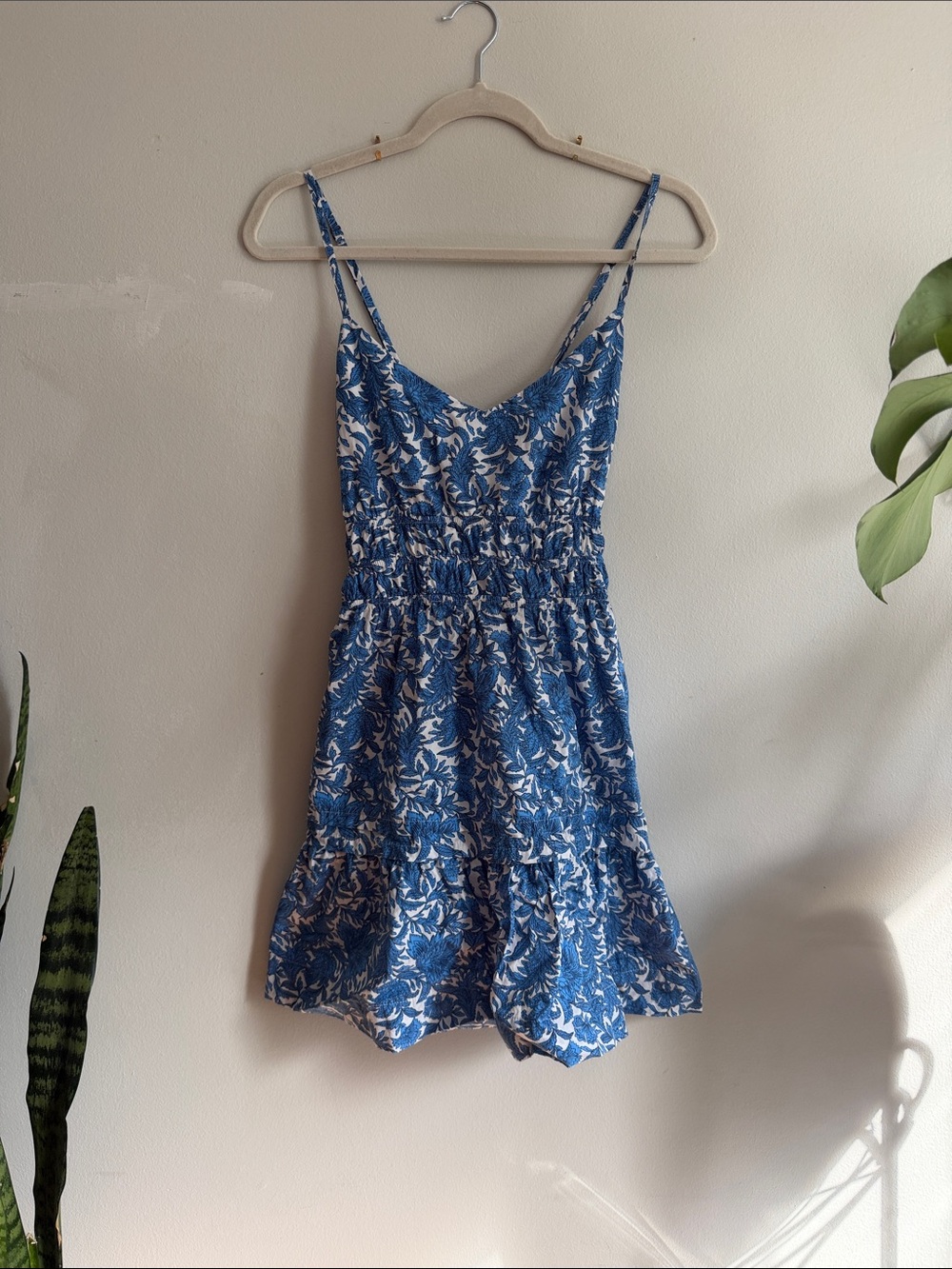 Anthropologie Blue & White Floral Spaghetti-Strap Dress